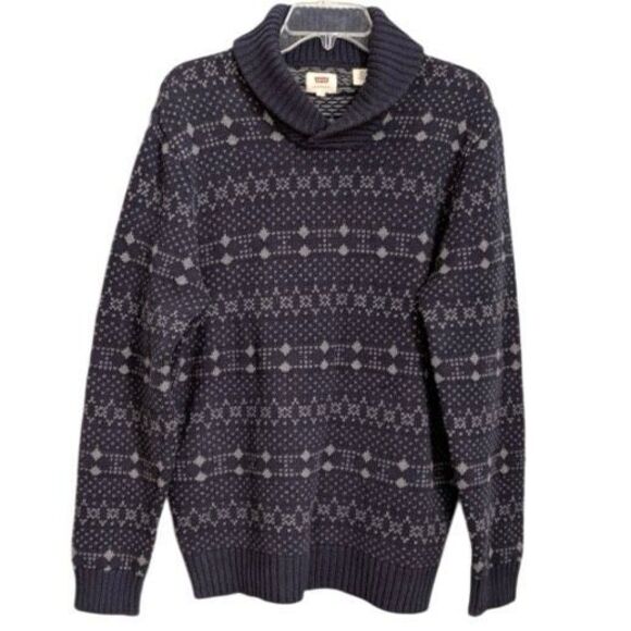 NEW LEVIS Nevy Gray Thick Sweater Men’s Size Large Varsity Collar Winter Pattern - Picture 1 of 6